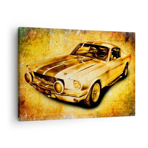 Vászonkép - Klasszikus retro sportautó egy vintage háttérrel, arany árnyalatokban - 70x50cm - Őrült 70-es évek - Modern fali dekoráció nappalihoz és hálószobához ARTTOR
