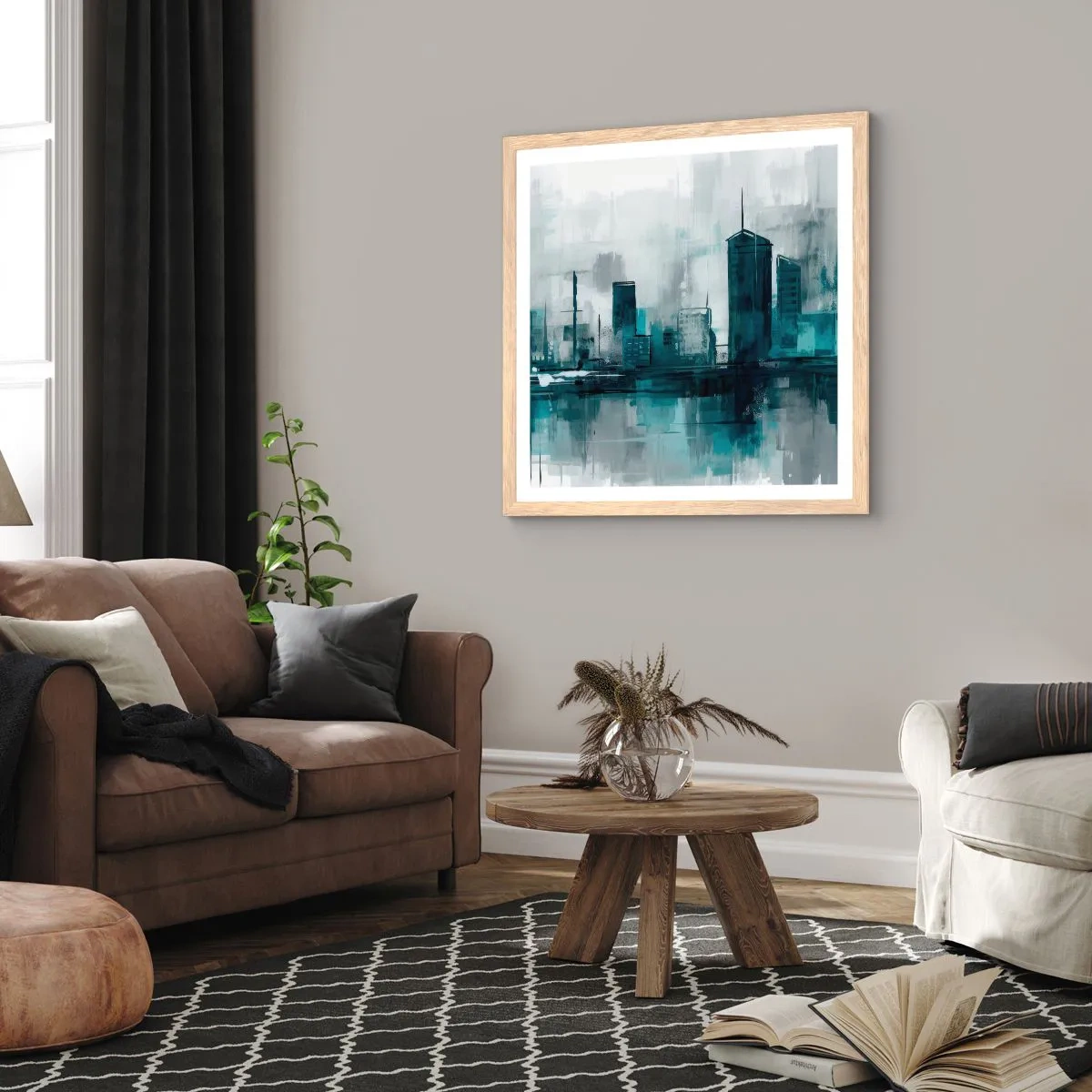 Poszter világos tölgy keretben - Esőszínű város - 60x60 cm