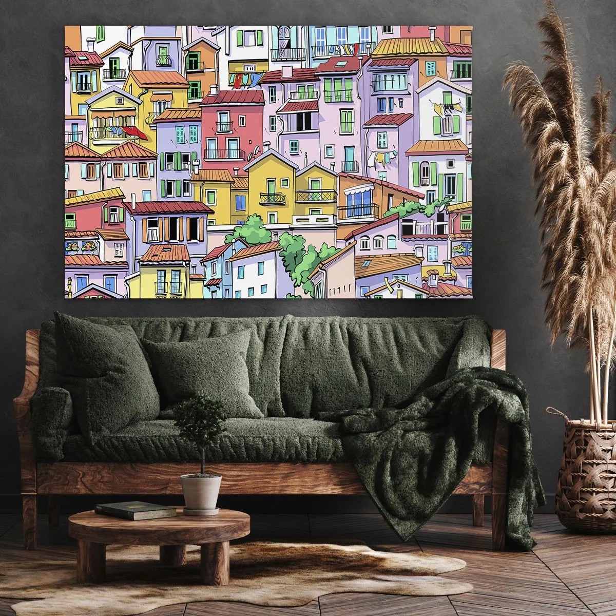 Vászonkép - Színes bérházak élénk, vidám stílusban - 70x50cm - Vidám város - Modern fali dekoráció nappalihoz és hálószobához ARTTOR