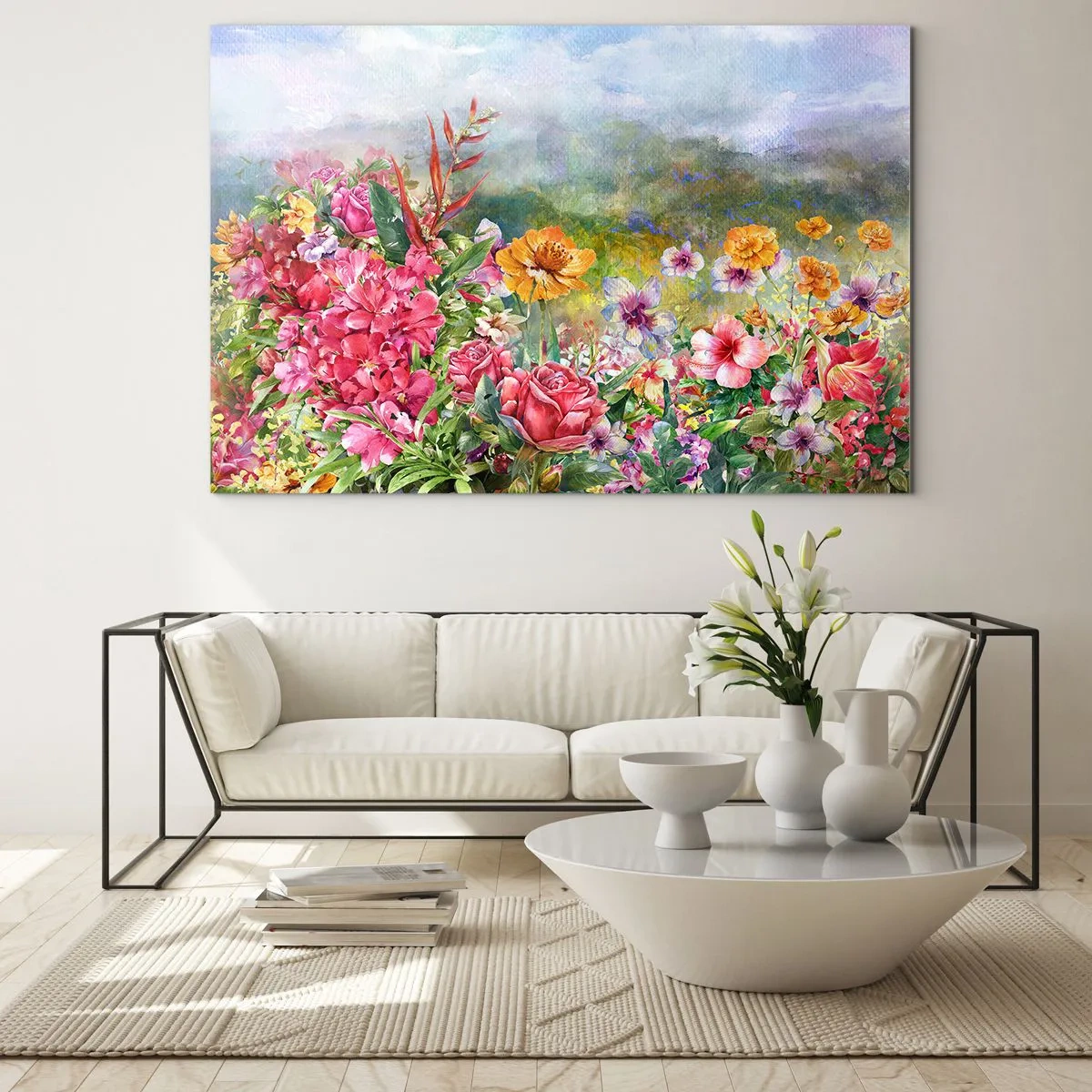 Üveg kép - Egy csokor színes virág festői táj előtt - 70x50cm - A kert, amelyik megőrült - Modern fali dekoráció nappalihoz és hálószobához ARTTOR