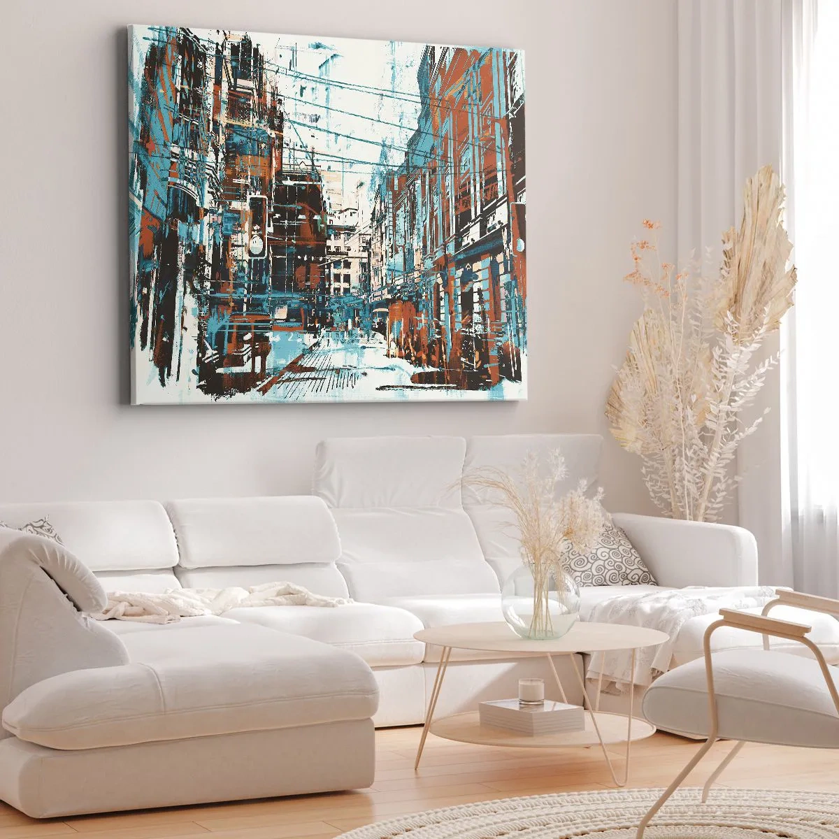 Vászonkép - Városkép kék és narancssárga árnyalatokban - 70x50cm - Egy kopott városi ösvény - Modern fali dekoráció nappalihoz és hálószobához ARTTOR