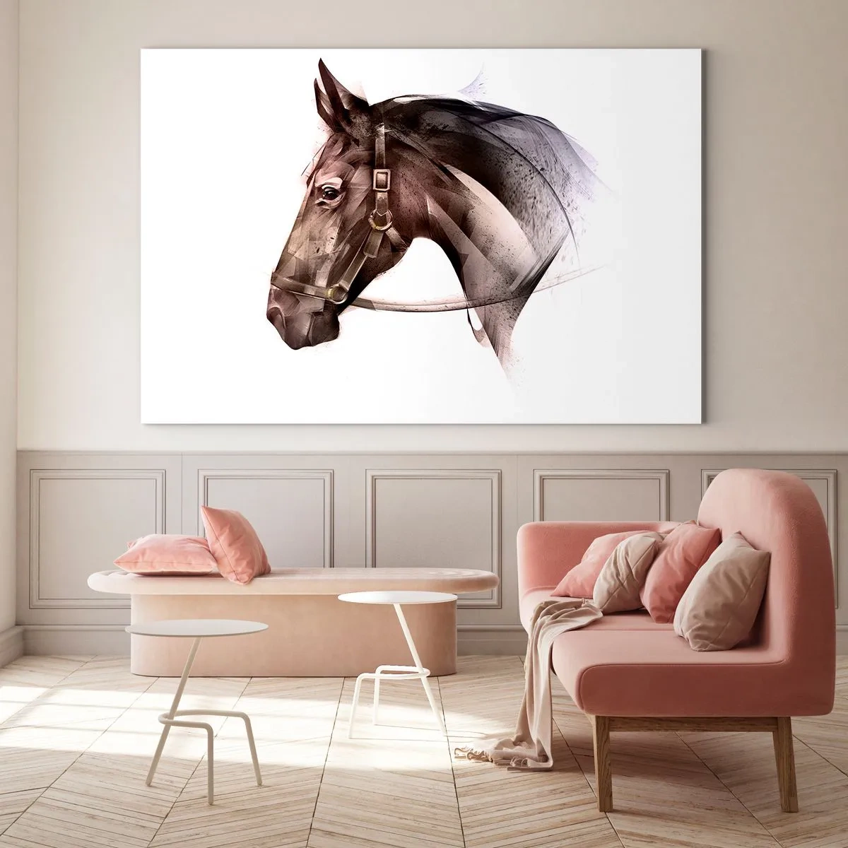 Üveg kép - Művészi stílusú lóportré fehér alapon - 70x50cm - Micsoda kegyelem - Modern fali dekoráció nappalihoz és hálószobához ARTTOR