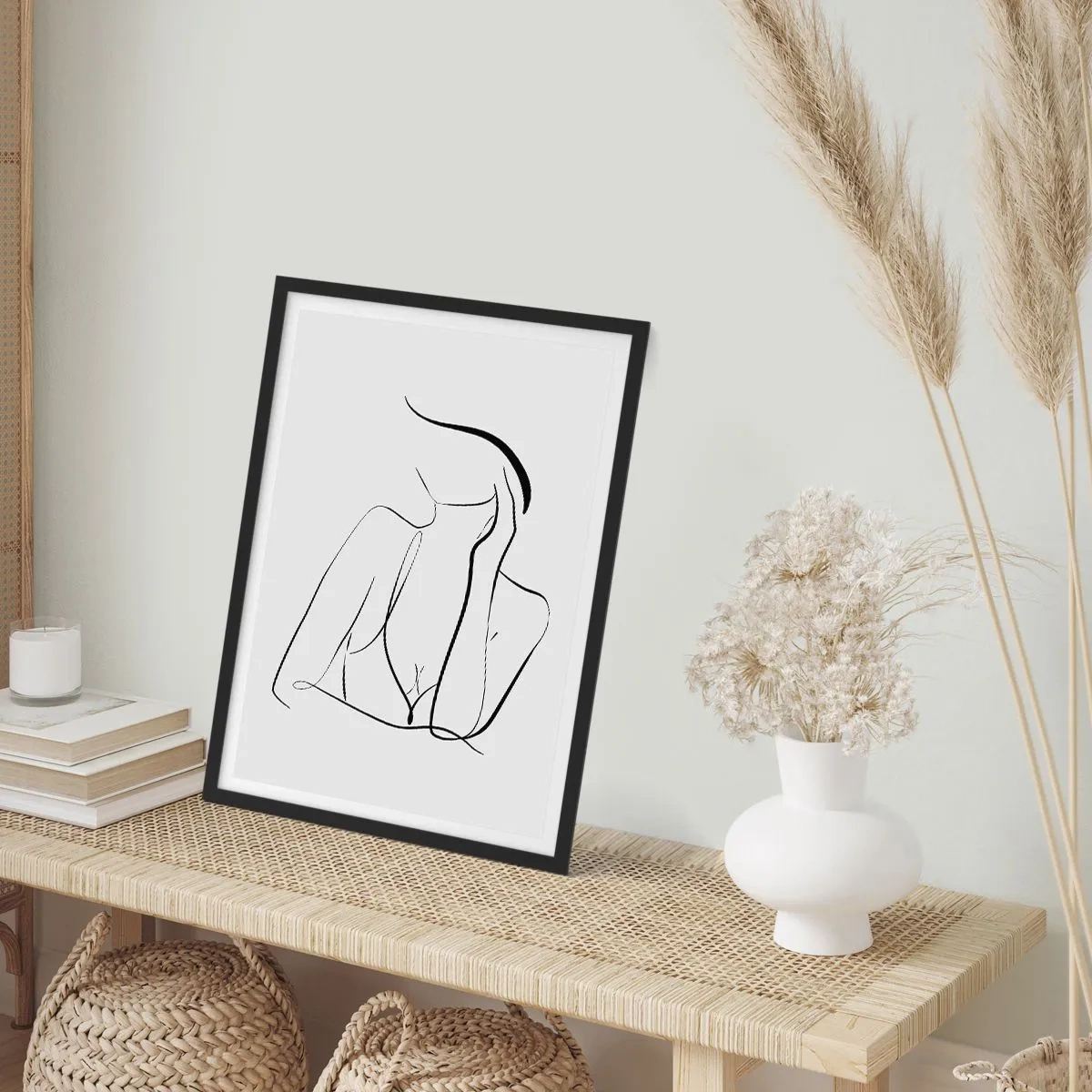 Poszter fehér keretben - Egy minimalista vonal, amely egy női sziluettet ábrázol - 50x70cm - Az álmok hullámán - Modern fali dekoráció nappalihoz és hálószobához ARTTOR