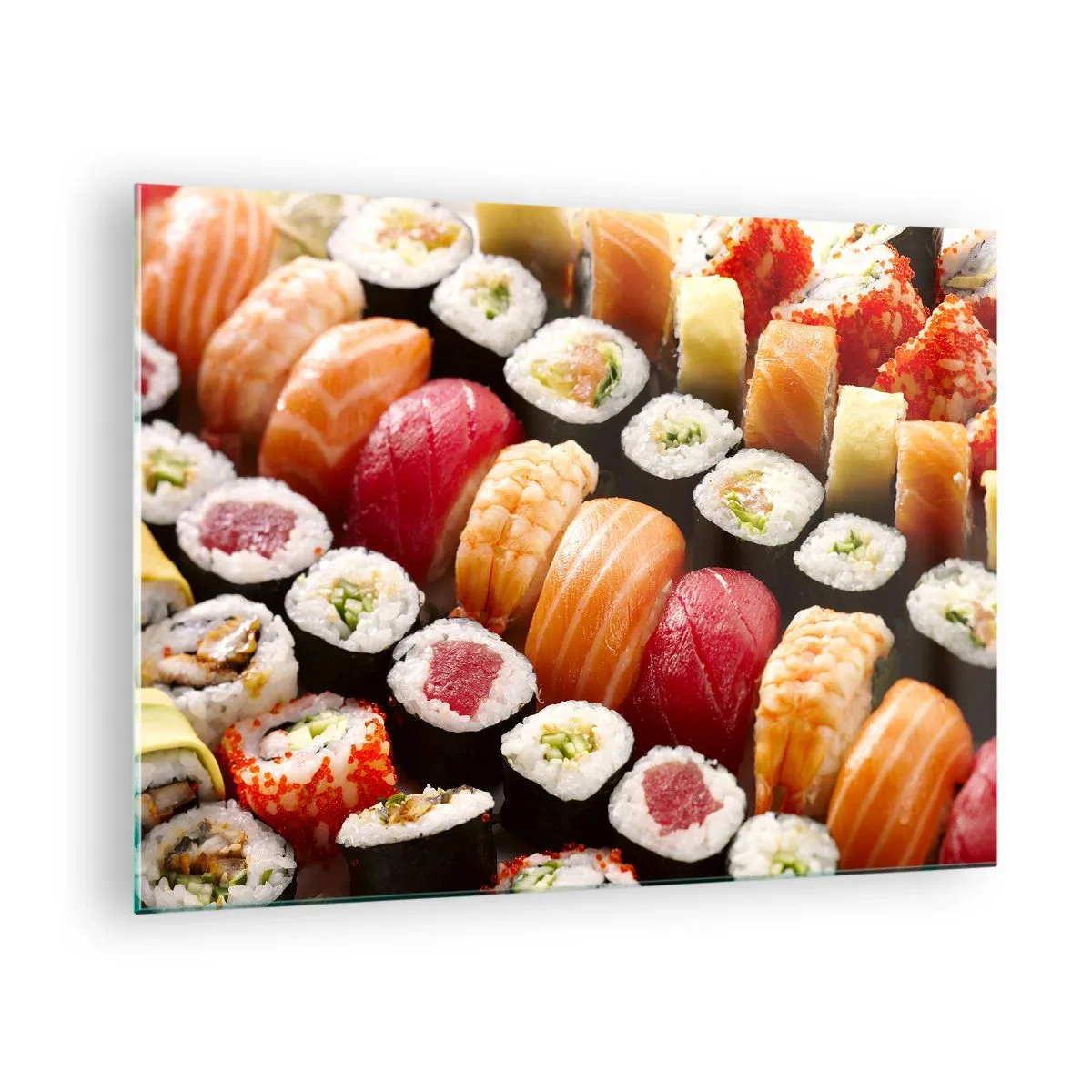 Üveg kép - Színes sushi kompozíció különféle összetevőkkel - 70x50cm - Ázsia színei és ízei - Modern fali dekoráció nappalihoz és hálószobához ARTTOR