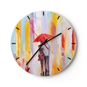Falióra, Óra - Egy alak egy piros esernyővel egy színes város hátterében - 30x30cm - Hadd essen az eső - Modern fali dekoráció nappalihoz, konyhához és hálószobához ARTTOR