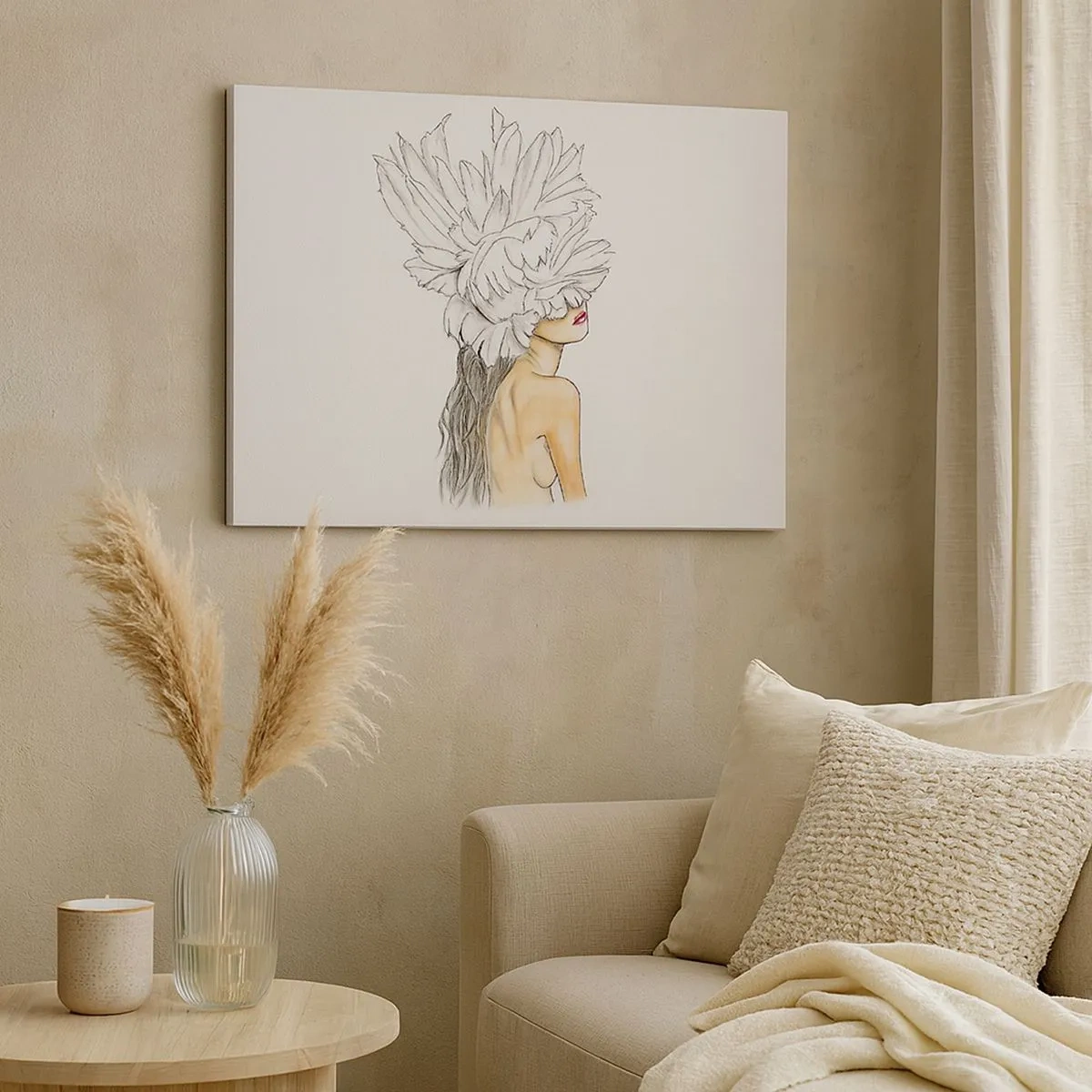 Vászonkép - Nő portréja művészi stílusú tolldíszítéssel - 70x50cm - Koronás szépség - Modern fali dekoráció nappalihoz és hálószobához ARTTOR