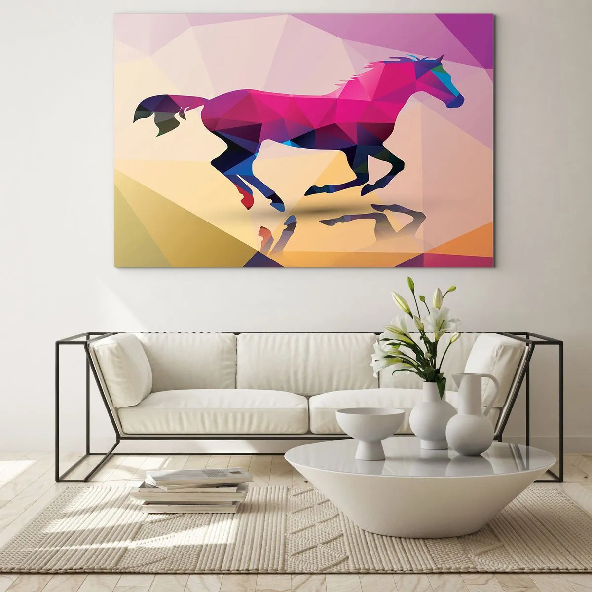 Üveg kép - Geometrikus ló színes absztrakcióban - 70x50cm - A kubizmus még él - Modern fali dekoráció nappalihoz és hálószobához ARTTOR