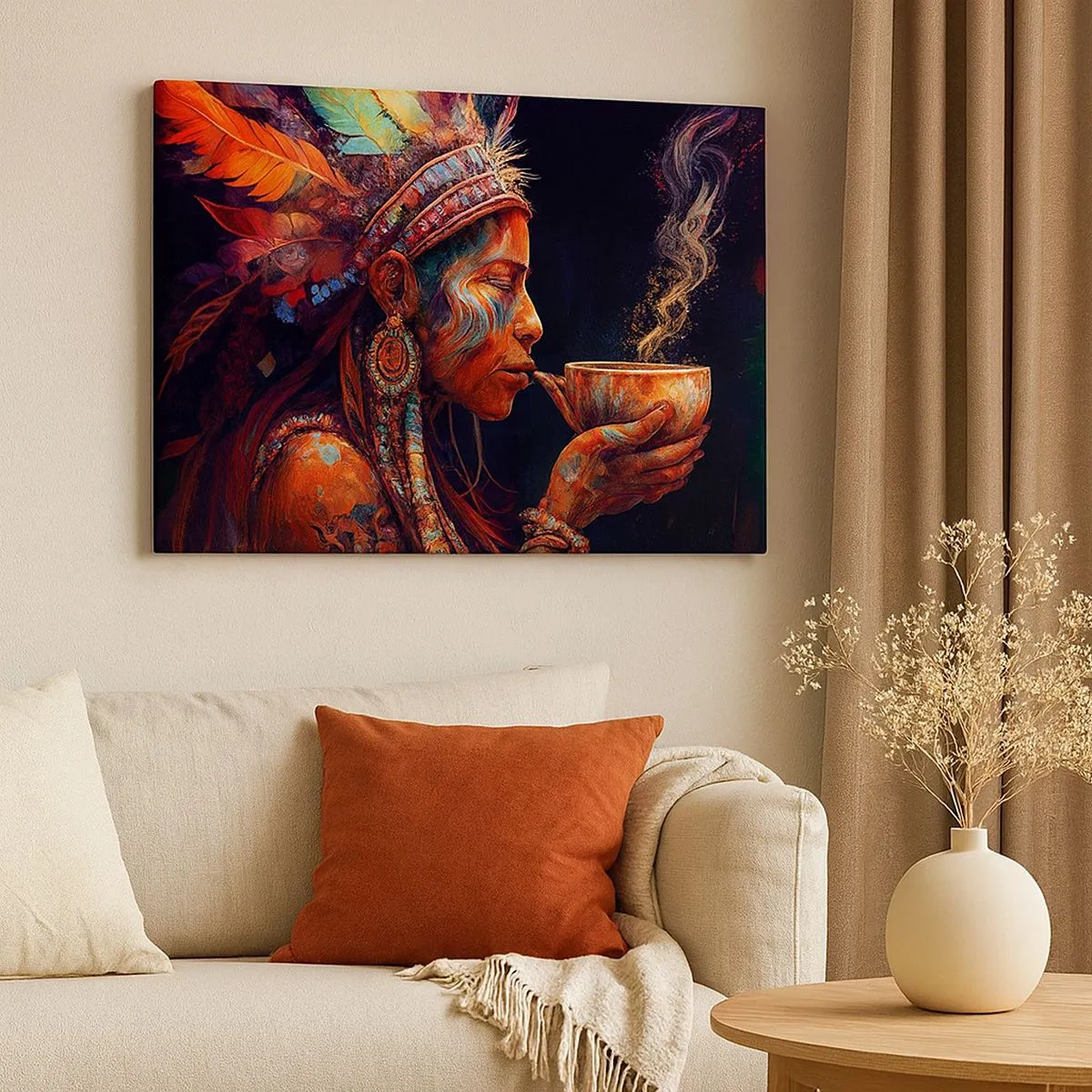 Vászonkép - Egy színes etnikai stílusú figura egy csésze gőzölgő itallal - 70x50cm - Egy varázslatos rituálé - Modern fali dekoráció nappalihoz és hálószobához ARTTOR