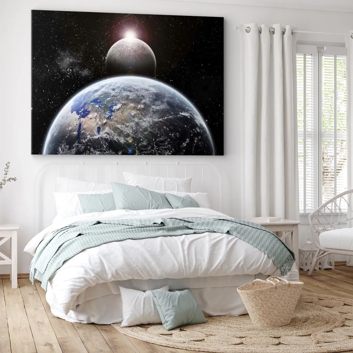 Vászonkép - A Föld bolygó és a Hold a csillagos világűr hátterében. - 70x50cm - Űr táj - nap kelte - Modern fali dekoráció nappalihoz és hálószobához ARTTOR