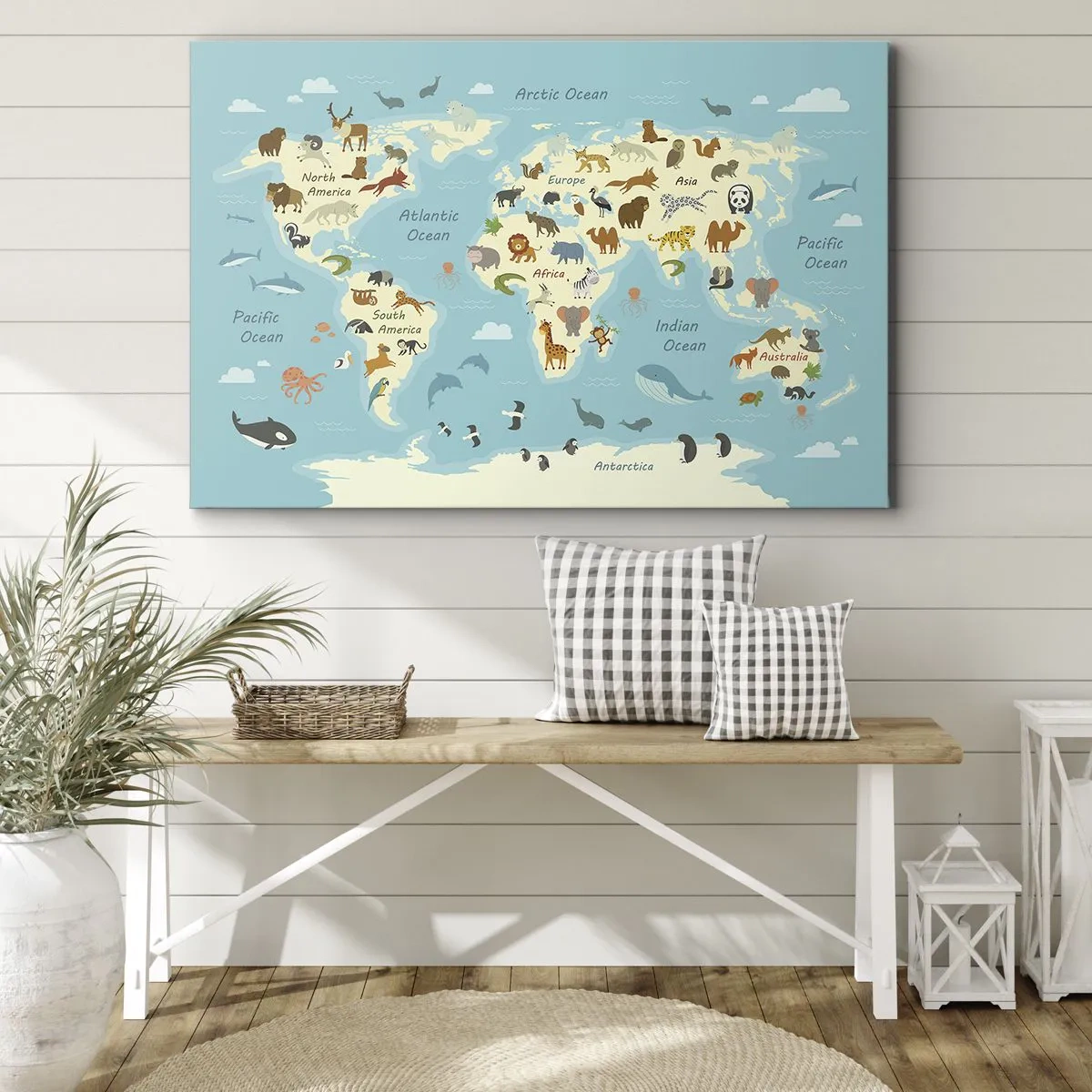Vászonkép - Állatos illusztrációkkal ellátott világtérkép - 70x50cm - Jó szomszédok - Modern fali dekoráció nappalihoz és hálószobához ARTTOR
