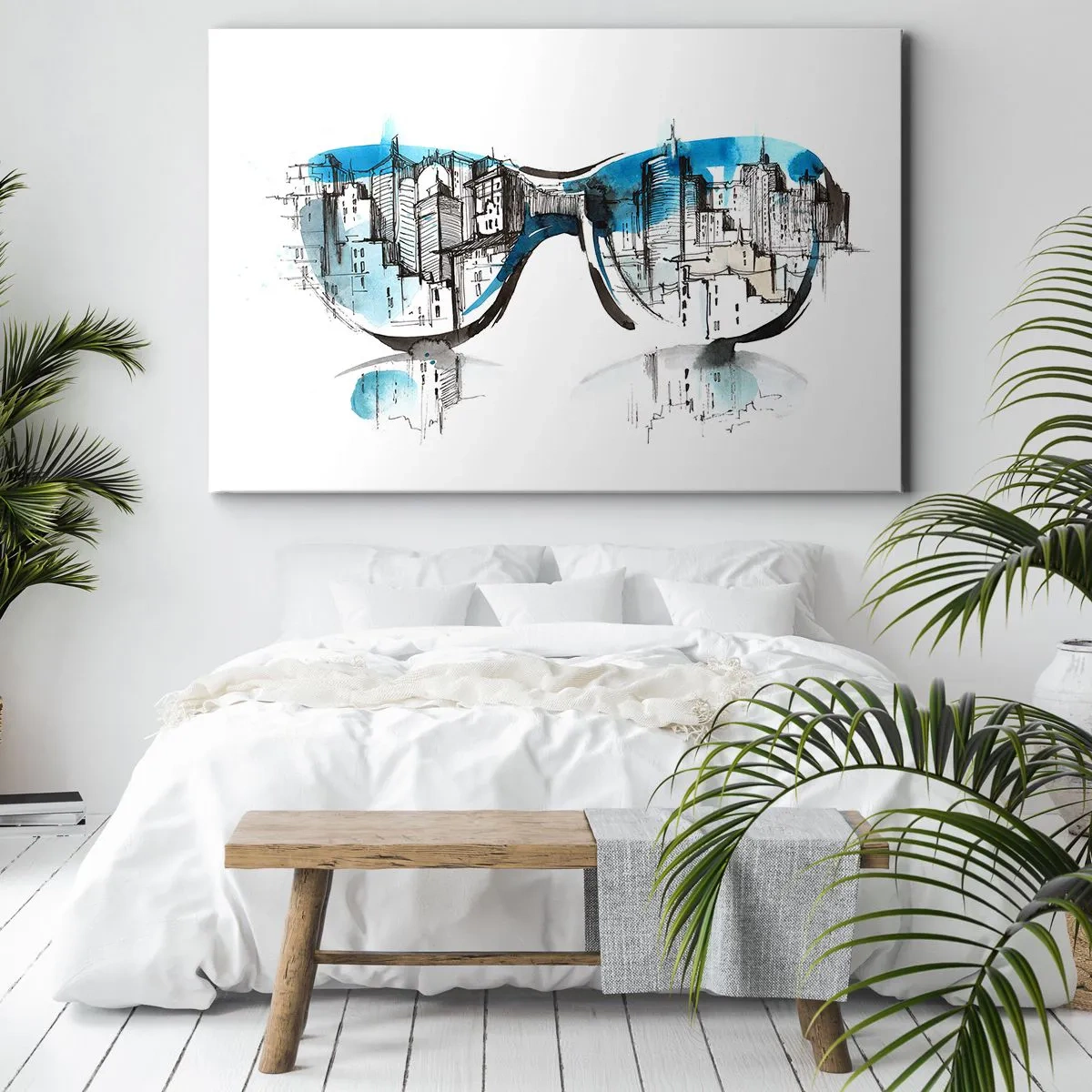 Vászonkép - A város panorámájának akvarellje tükröződik a szemüvegben - 70x50cm - Nagyvárosi sikk - Modern fali dekoráció nappalihoz és hálószobához ARTTOR