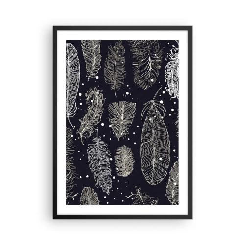 Poszter fehér keretben - Fehér tollak fekete alapon, elegáns elrendezésben - 50x70cm - Tollas csipke - Modern fali dekoráció nappalihoz és hálószobához ARTTOR