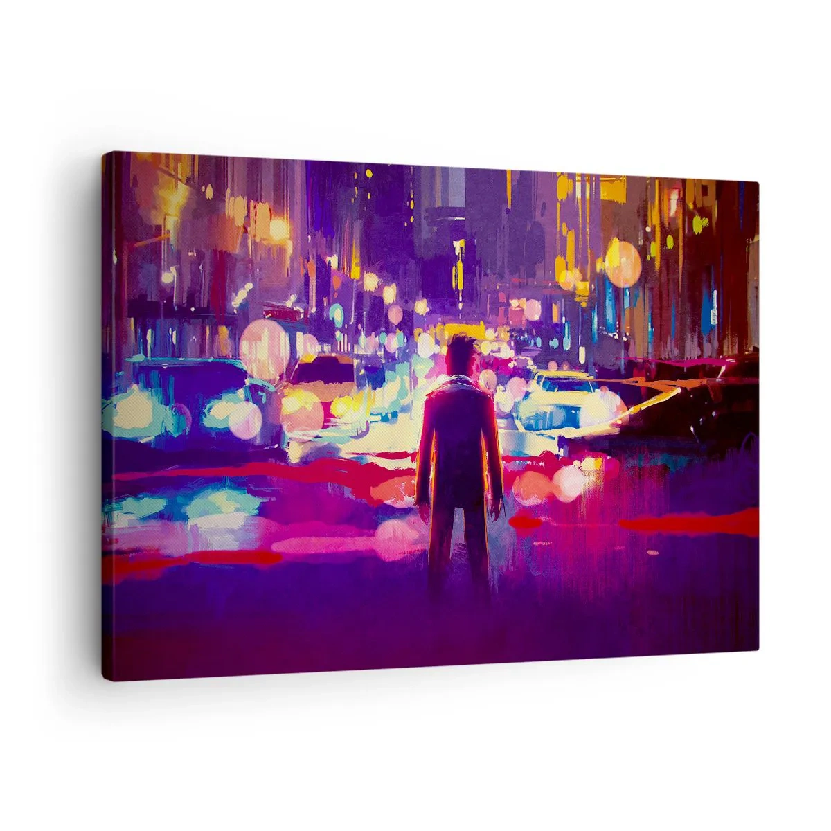 Vászonkép - Egy férfi egy neonfényes városi éjszakai jelenetben - 70x50cm - Elmerülve a fényben - Modern fali dekoráció nappalihoz és hálószobához ARTTOR