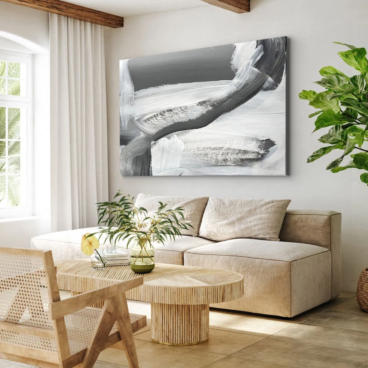 Vászonkép - Szürke és fehér absztrakció dinamikus vonalakkal - 70x50cm - Határozott mozgással - Modern fali dekoráció nappalihoz és hálószobához ARTTOR