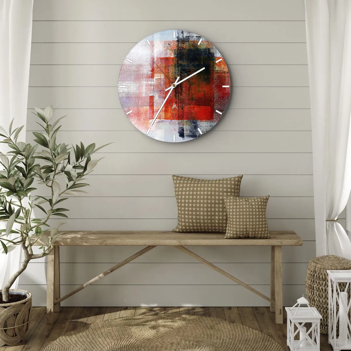 Falióra, Óra - Absztrakt geometriai formák vörös árnyalatokban - 30x30cm - Izzó kompozíció - Modern fali dekoráció nappalihoz, konyhához és hálószobához ARTTOR