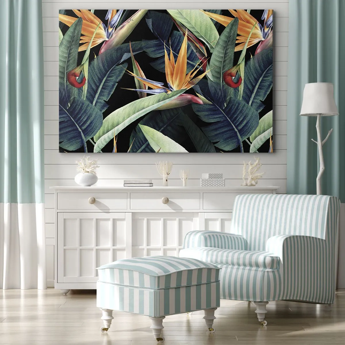 Vászonkép - Trópusi virágok és levelek fekete háttéren - 70x50cm - A trópusok lángoló virágai - Modern fali dekoráció nappalihoz és hálószobához ARTTOR