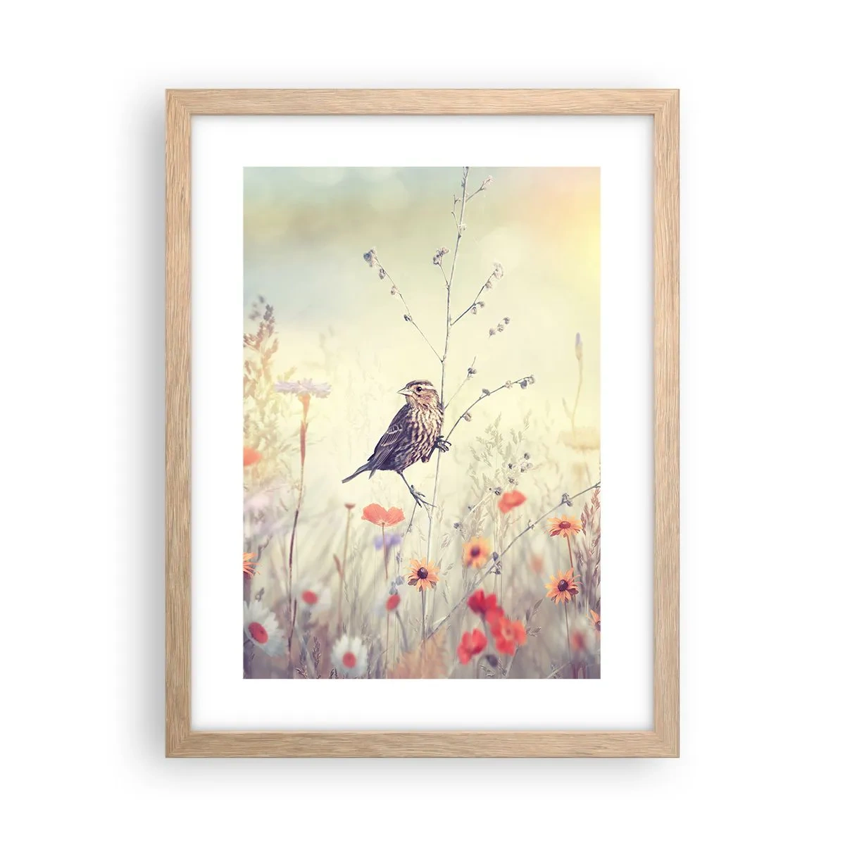 Poszter világos tölgy keretben - Madárportré egy réttel a háttérben - 30x40 cm