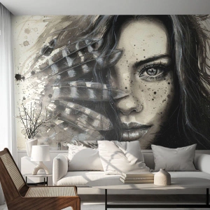 Fotótapéta Premium Sand - Vad gyönyör - Nő, Madártollak, Grafika - 200x140 cm