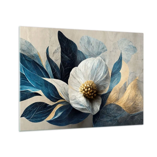 Üveg kép - Fehér virágkompozíció sötétkék levelekkel és arany középponttal - 70x50cm - Arany szíve van - Modern fali dekoráció nappalihoz és hálószobához ARTTOR