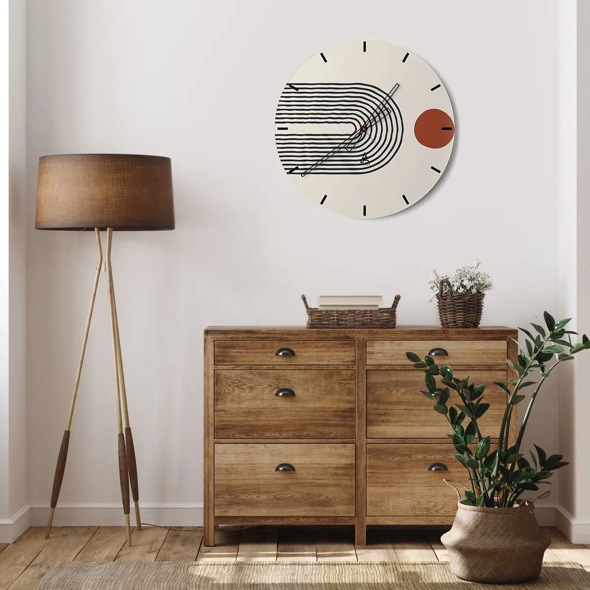 Falióra, Óra - Geometrikus absztrakció csíkokkal és színes blokkokkal világos háttéren - 30x30cm - Formák és színek vonzalma - Modern fali dekoráció nappalihoz, konyhához és hálószobához ARTTOR
