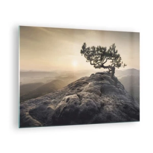 Üveg kép - Egy fa egy sziklán a felkelő nap fényében - 70x50cm - Az élet mindig győz - Modern fali dekoráció nappalihoz és hálószobához ARTTOR