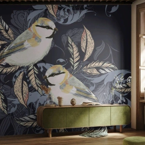 Fotótapéta Standard Eco - Madarak illusztrációja sötét háttéren díszekkel - 100x70cm - Sárga-kék madárdal - Modern fali dekoráció nappalihoz és hálószobához ARTTOR