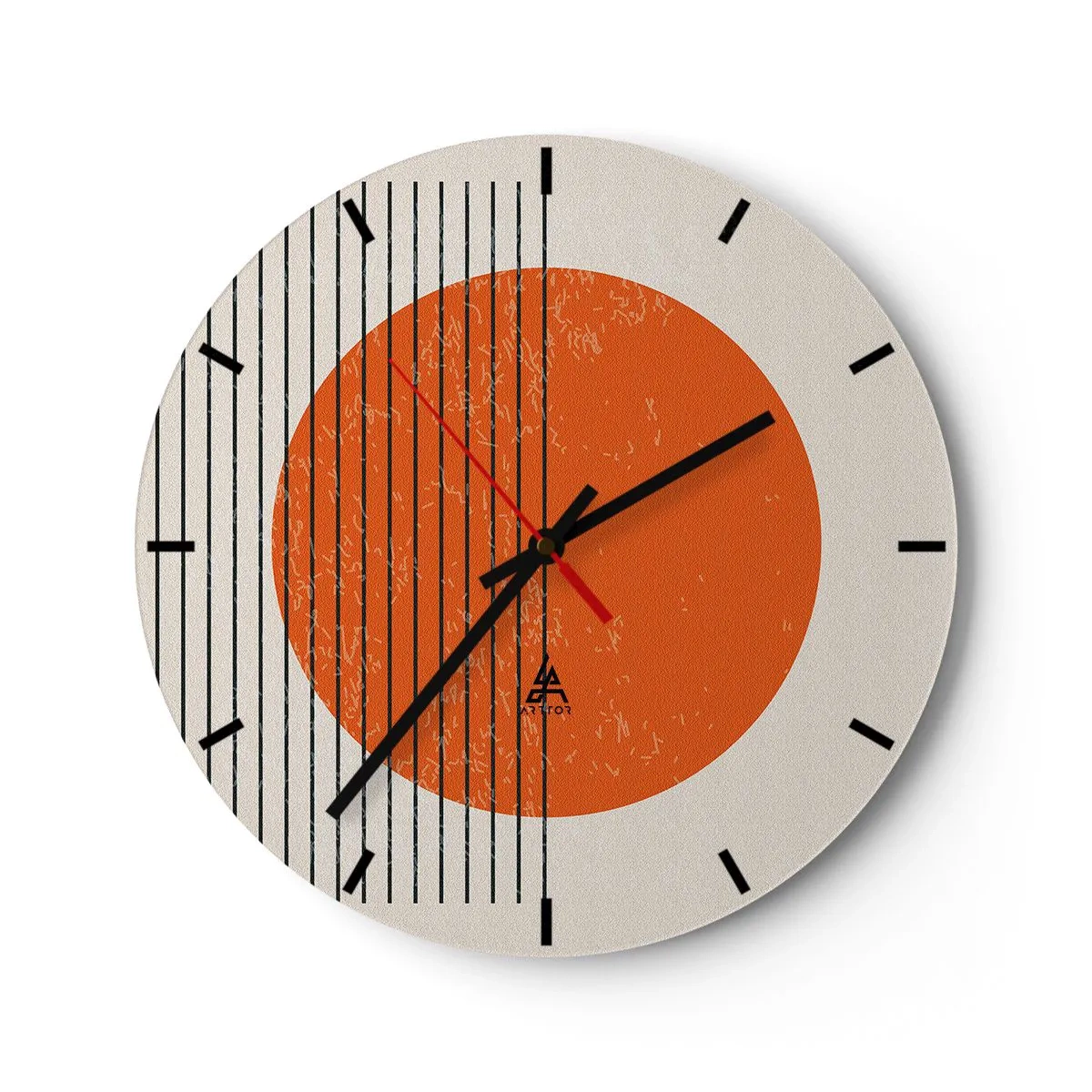 Falióra, Óra - Narancssárga kör és fekete vonalak bézs alapon - 30x30cm - Mindig a nap - Modern fali dekoráció nappalihoz, konyhához és hálószobához ARTTOR