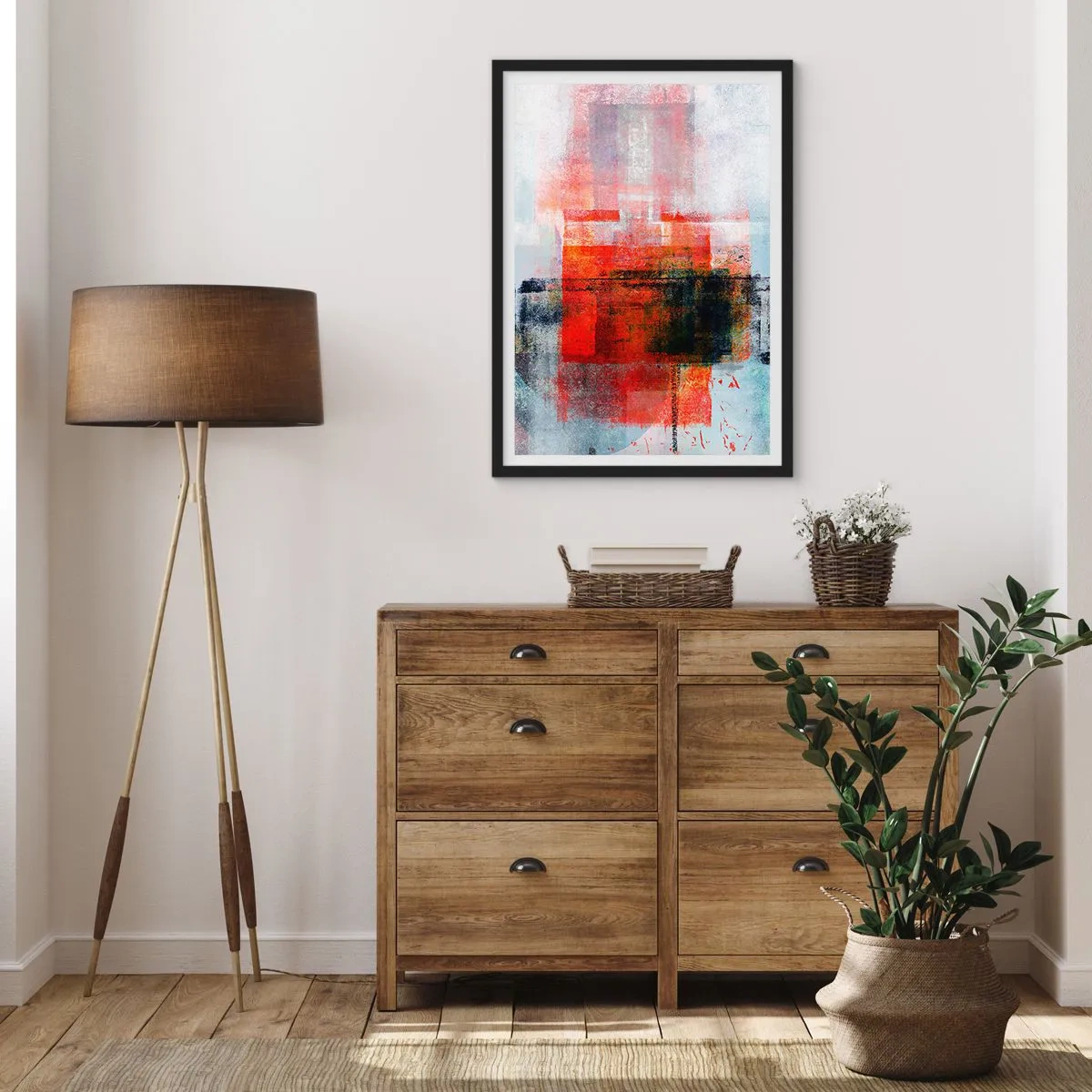 Poszter fehér keretben - Geometrikus absztrakció intenzív vörös árnyalatokban - 50x70cm - Izzó kompozíció - Modern fali dekoráció nappalihoz és hálószobához ARTTOR