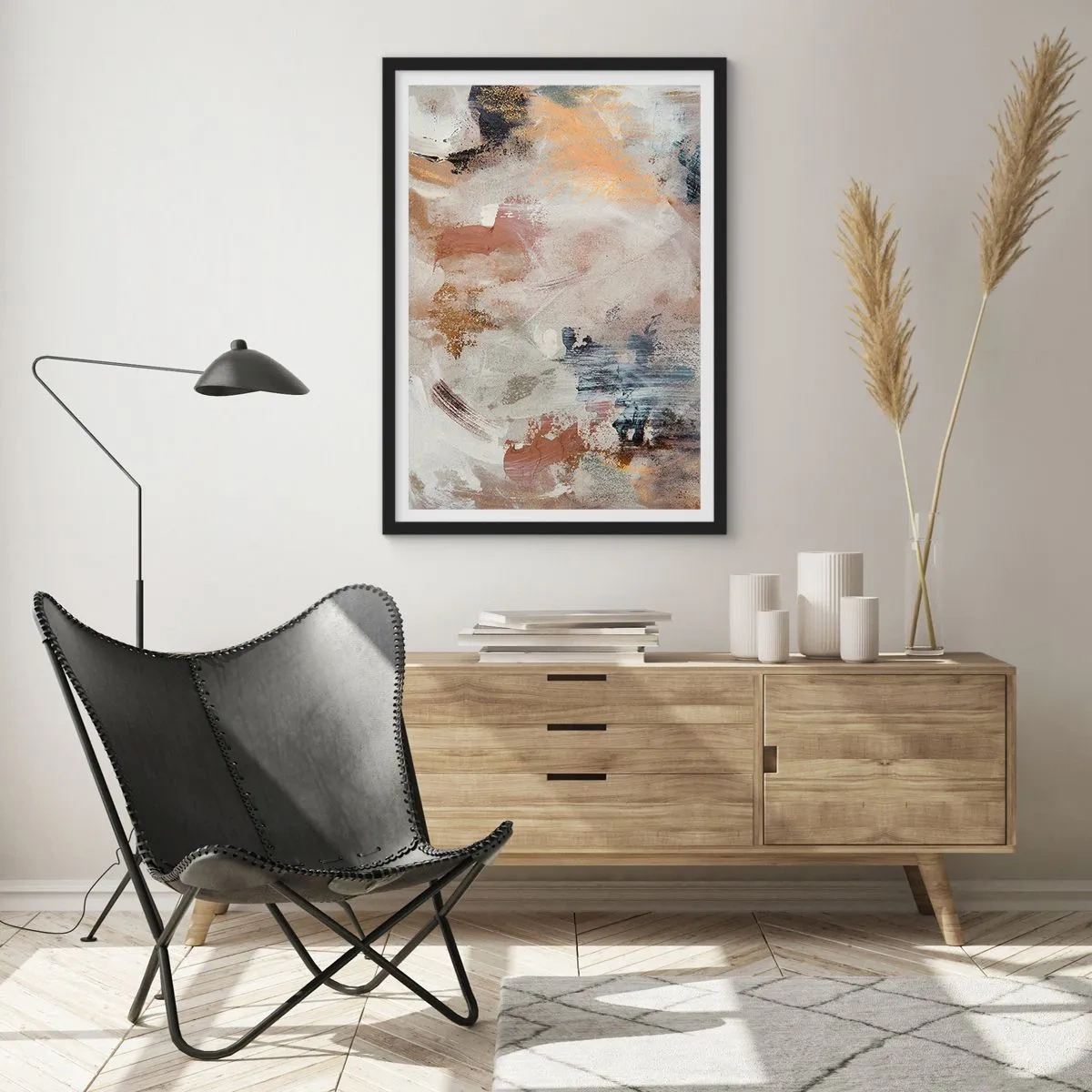 Poszter fehér keretben - Meleg, földszínű absztrakt kompozíció. - 50x70cm - Ködös absztrakció - Modern fali dekoráció nappalihoz és hálószobához ARTTOR