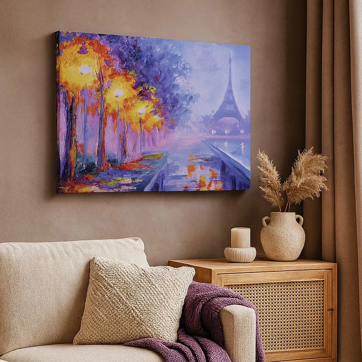 Vászonkép - Lámpás sugárút Párizsban, a háttérben az Eiffel-toronyval - 70x50cm - Egy álomséta - Modern fali dekoráció nappalihoz és hálószobához ARTTOR