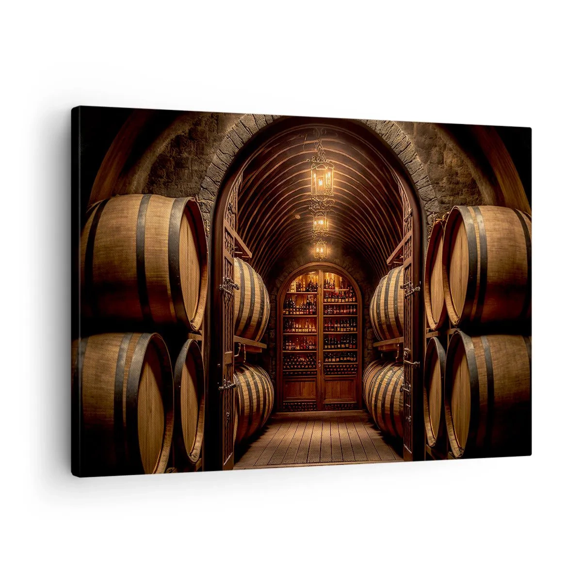 Vászonkép - Borospince fahordókkal és borospolcokkal - 70x50cm - Hangulatos pince - Modern fali dekoráció nappalihoz és hálószobához ARTTOR