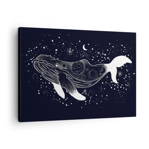 Vászonkép - Egy bálna grafikus ábrázolása űrkorszaki stílusban. - 70x50cm - Az univerzum óceánjában - Modern fali dekoráció nappalihoz és hálószobához ARTTOR