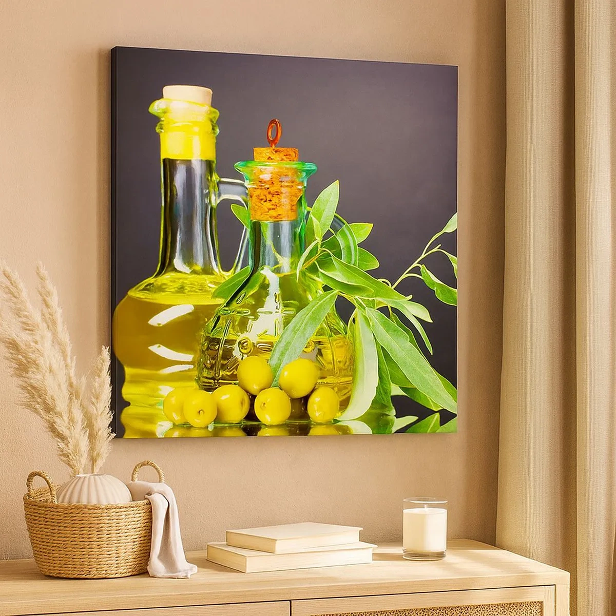 Vászonkép - Csendélet olívabogyóval és olívaolajjal - 30x30 cm