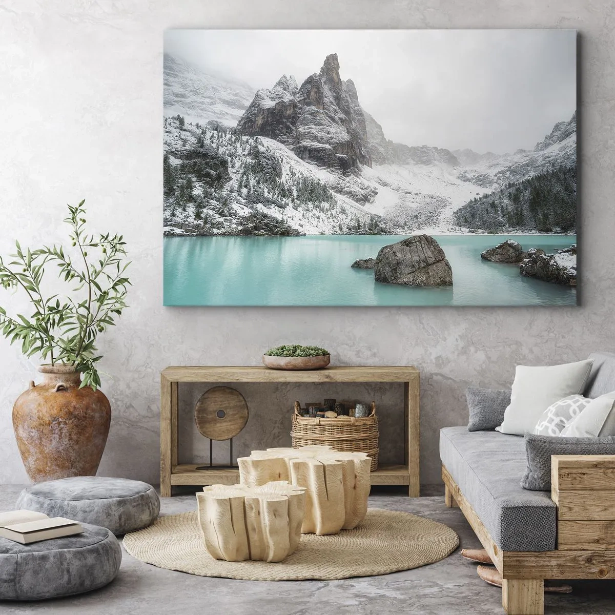 Vászonkép - Hegyi táj, havas csúcsokkal körülvett tóval - 70x50cm - Őrségben - Modern fali dekoráció nappalihoz és hálószobához ARTTOR