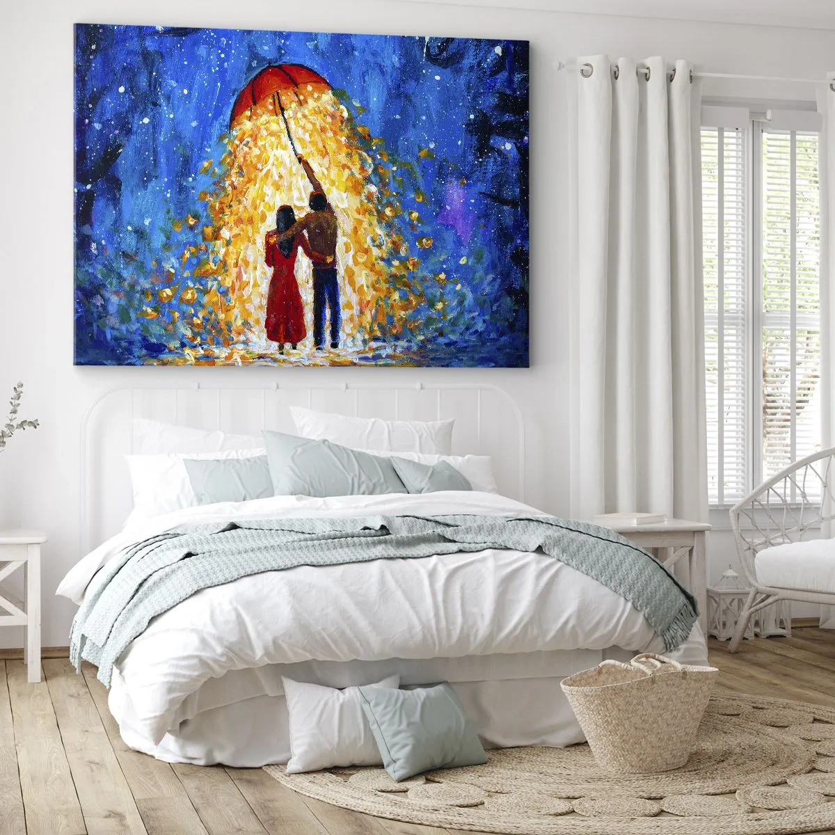 Vászonkép - Egy pár egy piros esernyő alatt a világító esőben - 70x50cm - Egy esős este varázsa? - Modern fali dekoráció nappalihoz és hálószobához ARTTOR