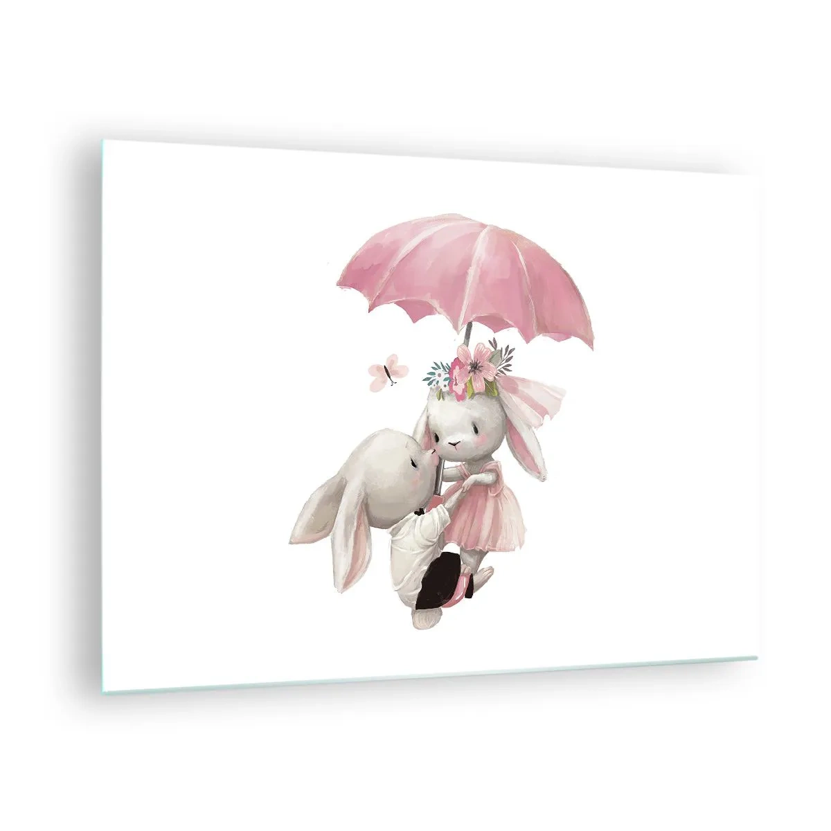 Üveg kép - Két nyúl egy rózsaszín esernyő alatt egy romantikus jelenetben - 70x50cm - Ez a szerelem - Modern fali dekoráció nappalihoz és hálószobához ARTTOR