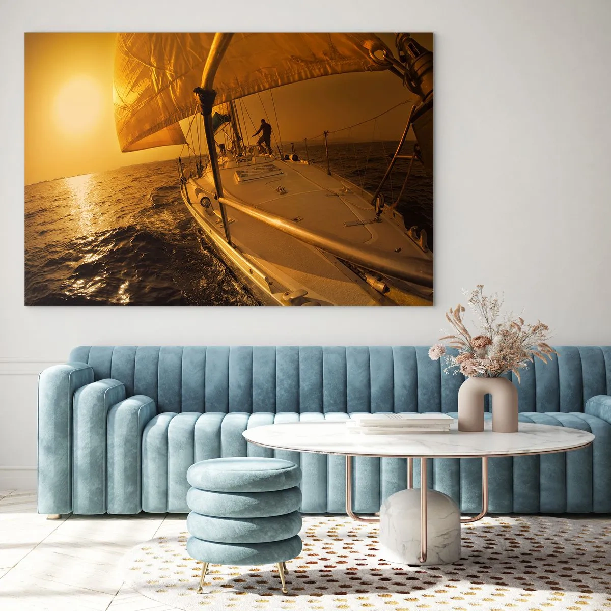 Üveg kép - Egy vitorlás a lenyugvó nap hátterében - 70x50cm - Arany este egy színes nap után - Modern fali dekoráció nappalihoz és hálószobához ARTTOR