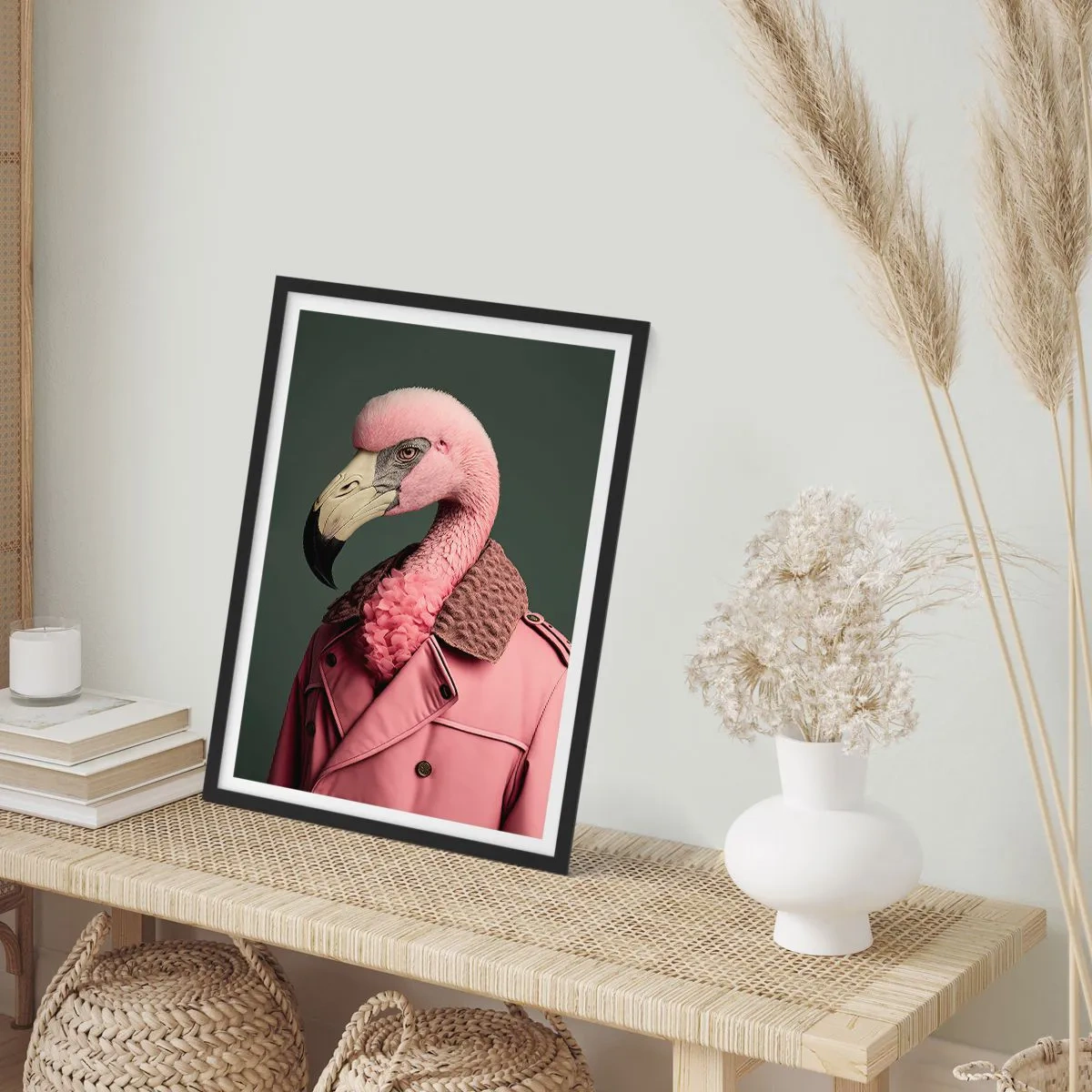 Poszter fehér keretben - Egy stílusos flamingó elegáns kabátban - 50x70cm - Egy igazi úriember - Modern fali dekoráció nappalihoz és hálószobához ARTTOR