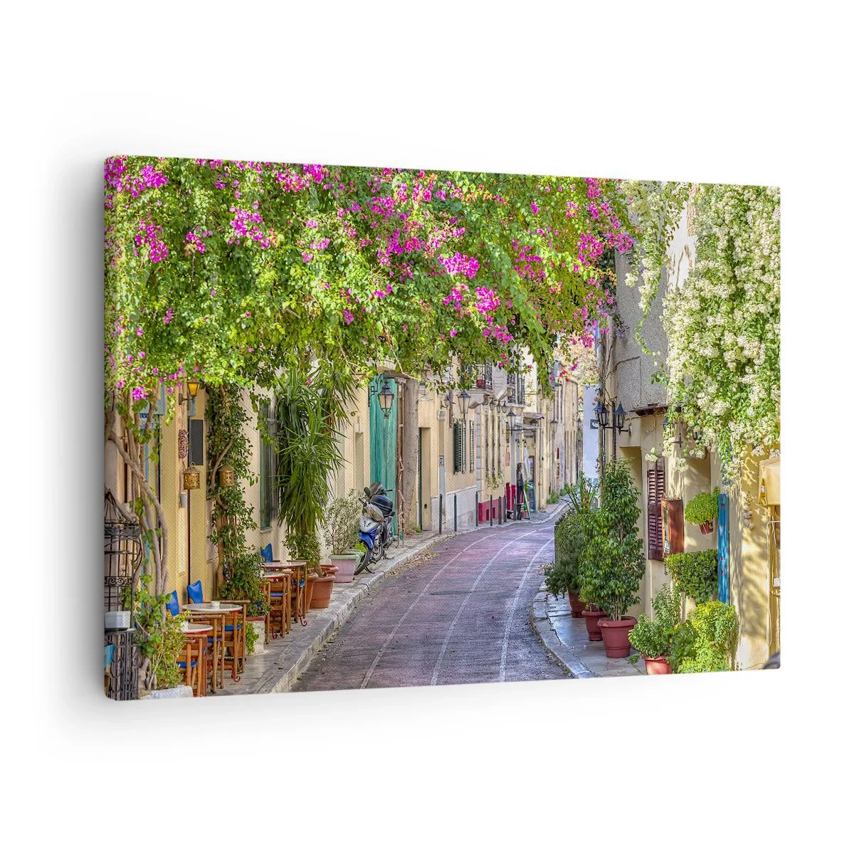 Vászonkép - Egy bájos utca virágzó szőlőtőkékkel és kávézói asztalokkal - 70x50cm - Virágzó sikátor - Modern fali dekoráció nappalihoz és hálószobához ARTTOR
