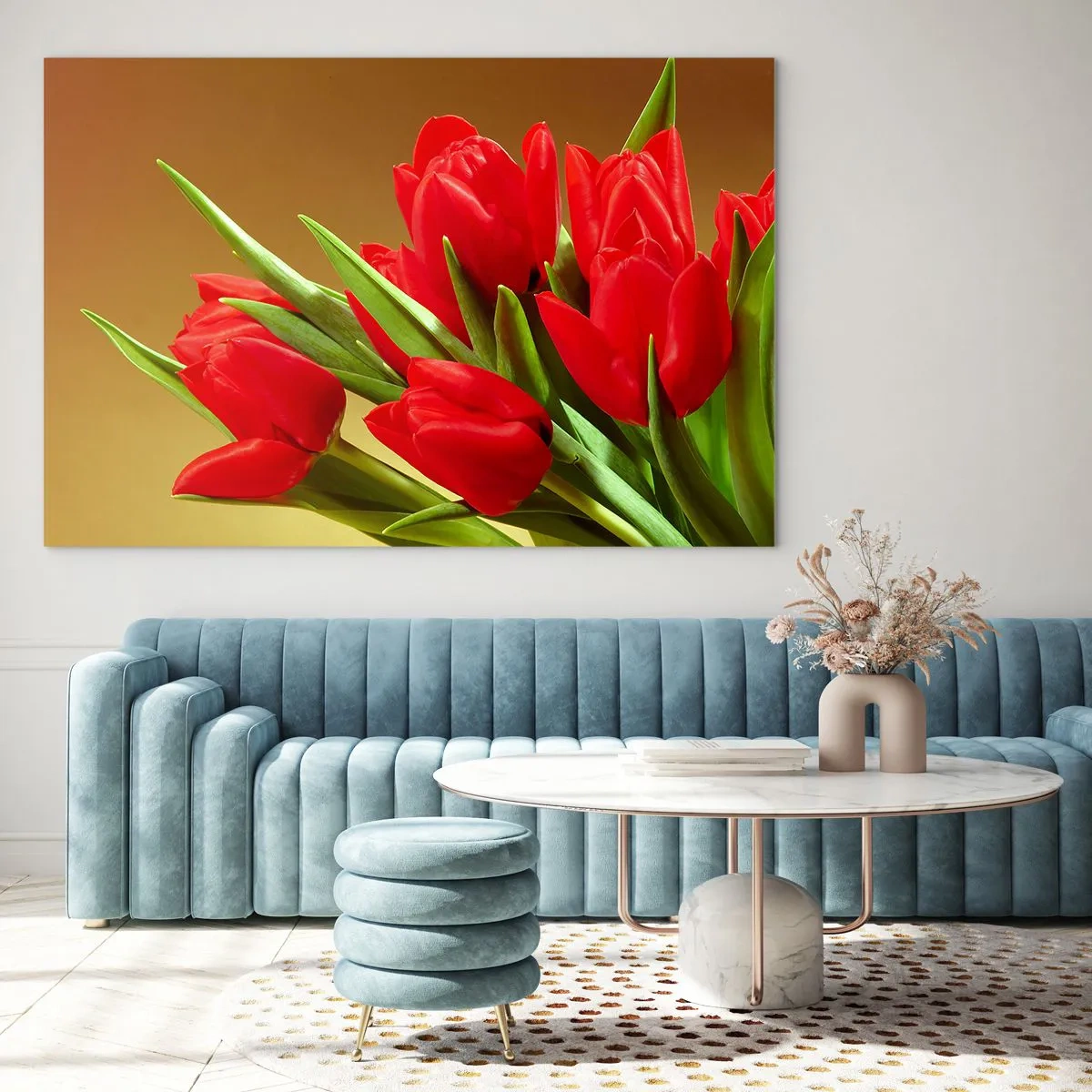 Üveg kép - Egy csokor piros tulipán arany alapon - 70x50cm - Egy csokor tavaszi öröm - Modern fali dekoráció nappalihoz és hálószobához ARTTOR