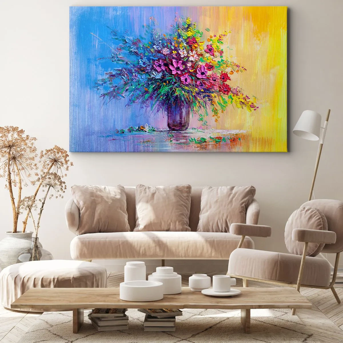 Vászonkép - Egy színes virágcsokor vázában, színátmenetes háttér előtt - 70x50cm - A rét nyári ajándéka - Modern fali dekoráció nappalihoz és hálószobához ARTTOR