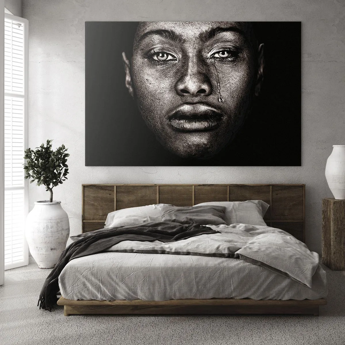 Üveg kép - Érzelmes portré egy nőről, könnycseppel az arcán - 70x50cm - Egy könnycsepp - Modern fali dekoráció nappalihoz és hálószobához ARTTOR