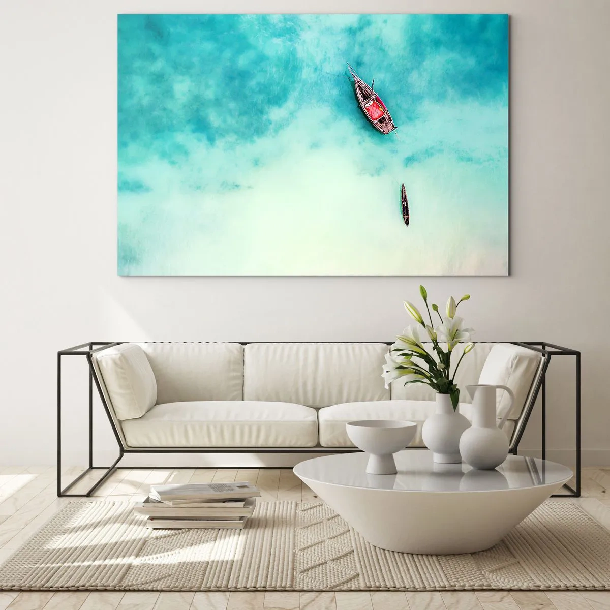 Üveg kép - Hajók azúrkék vízen, békés környezetben - 70x50cm - A Zanzibár strandjain, amikor sok a víz... - Modern fali dekoráció nappalihoz és hálószobához ARTTOR