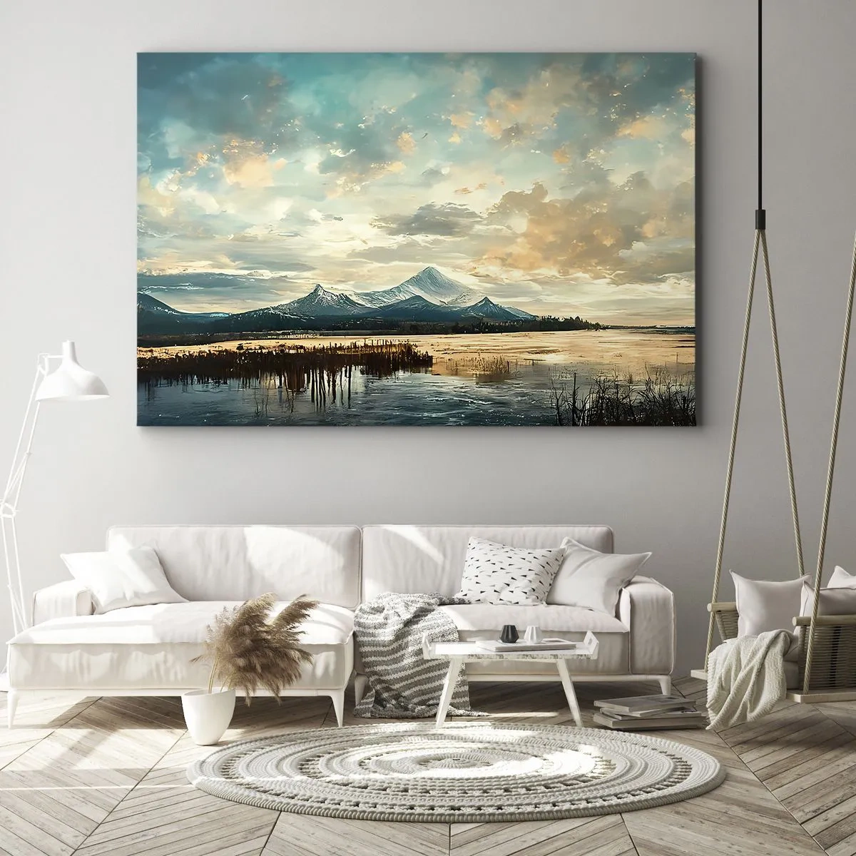 Vászonkép - Festői táj heggyel és nyugodt tóval - 70x50cm - Az ég védelme alatt - Modern fali dekoráció nappalihoz és hálószobához ARTTOR