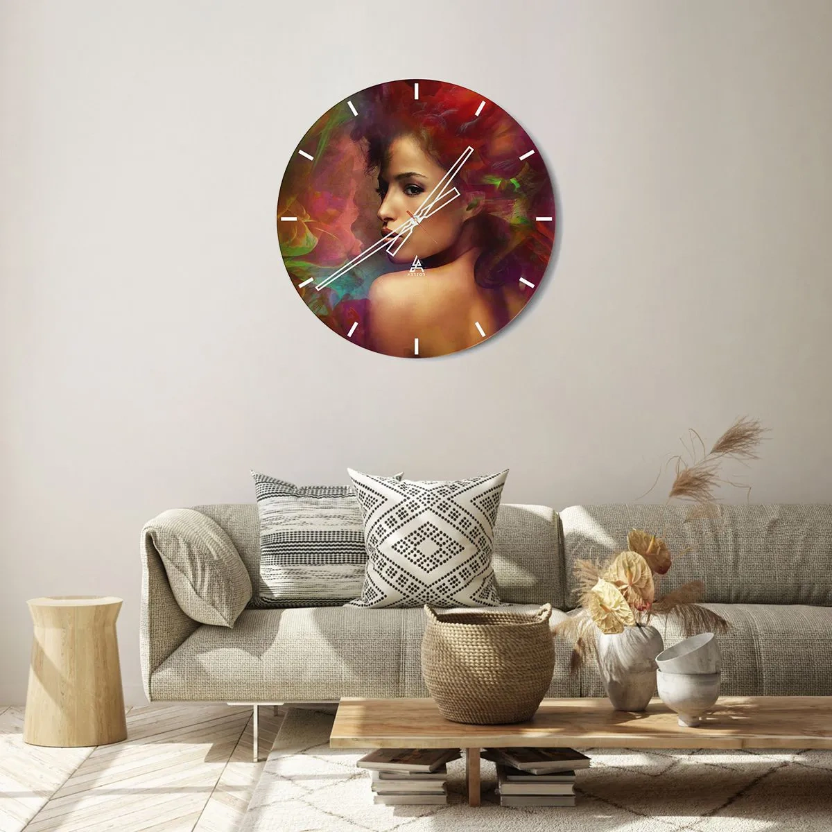 Falióra, Óra - Portré egy nőről, színes homályos effektekkel a háttérben - 30x30cm - Szebb, mint a szivárvány, olyan gyengéd, mint a köd - Modern fali dekoráció nappalihoz, konyhához és hálószobához ARTTOR