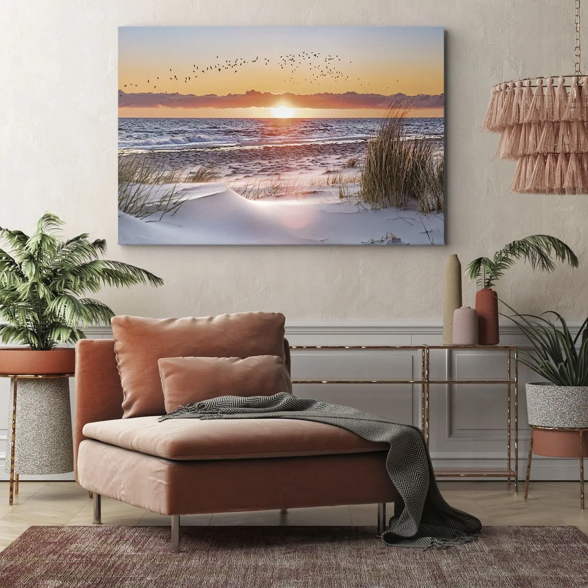 Vászonkép - Naplemente a tenger felett, kilátással a dűnékre - 70x50cm - Vízszintes táj - Modern fali dekoráció nappalihoz és hálószobához ARTTOR