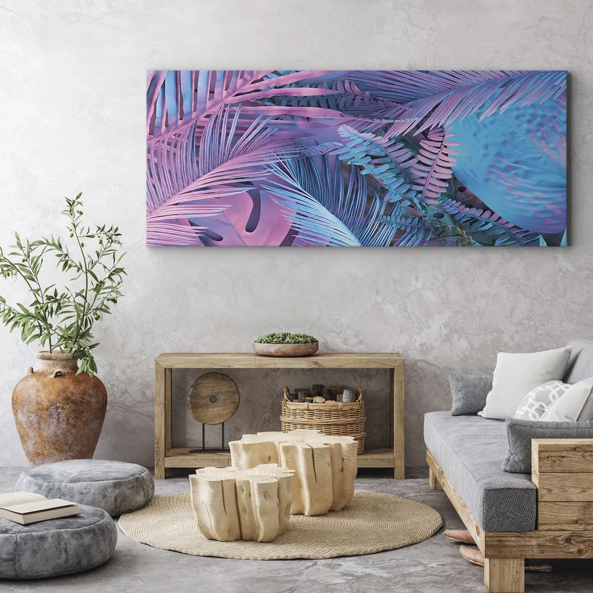 Vászonkép - Trópusok rózsaszínben és kékben - 140x50 cm