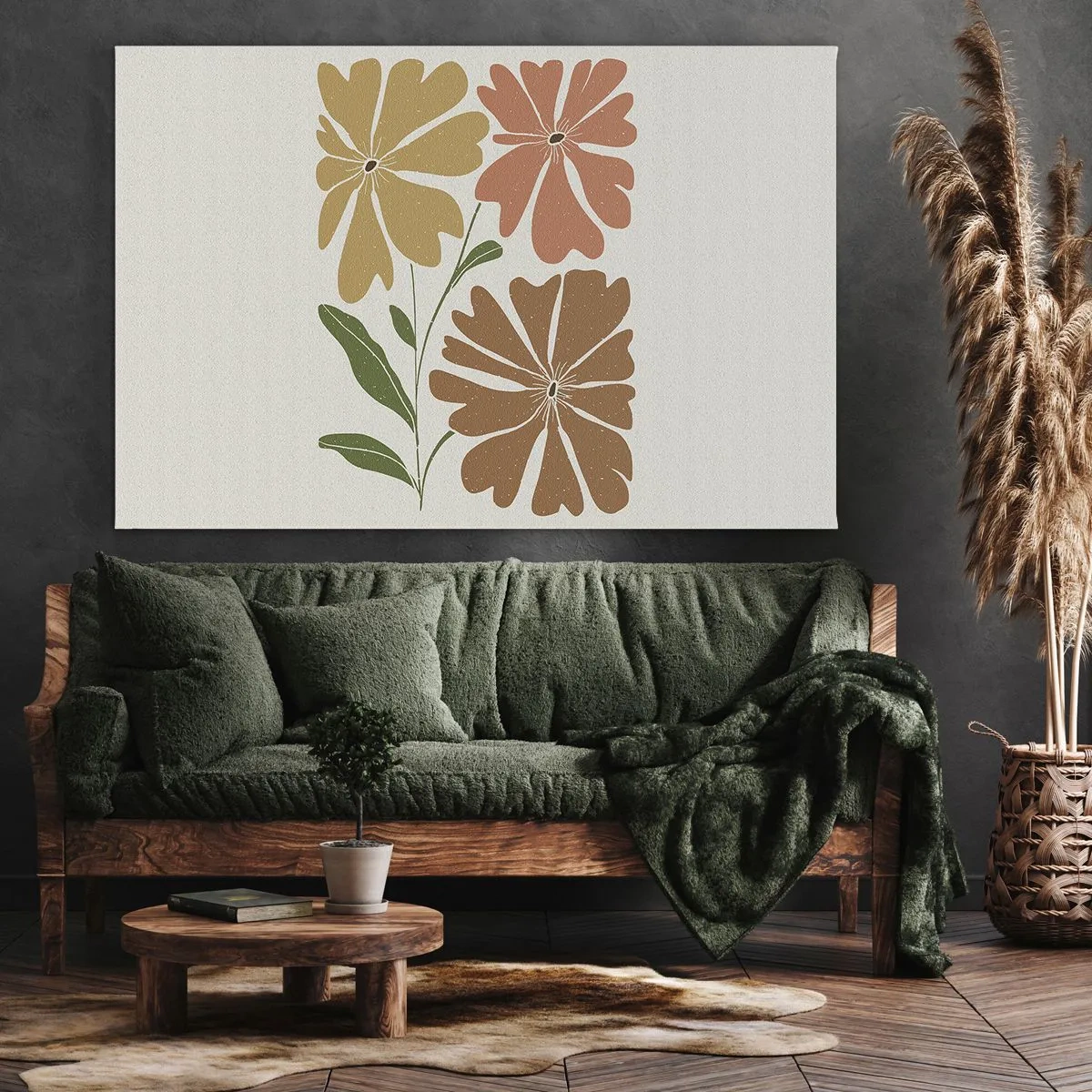 Vászonkép - Három virág meleg színekben, világos háttér előtt - 70x50cm - Természet és geometria - Modern fali dekoráció nappalihoz és hálószobához ARTTOR