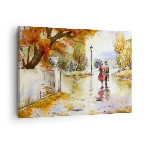 Vászonkép - Séta az őszi parkban esernyővel - 70x50cm - Romantikus ősz a parkban - Modern fali dekoráció nappalihoz és hálószobához ARTTOR
