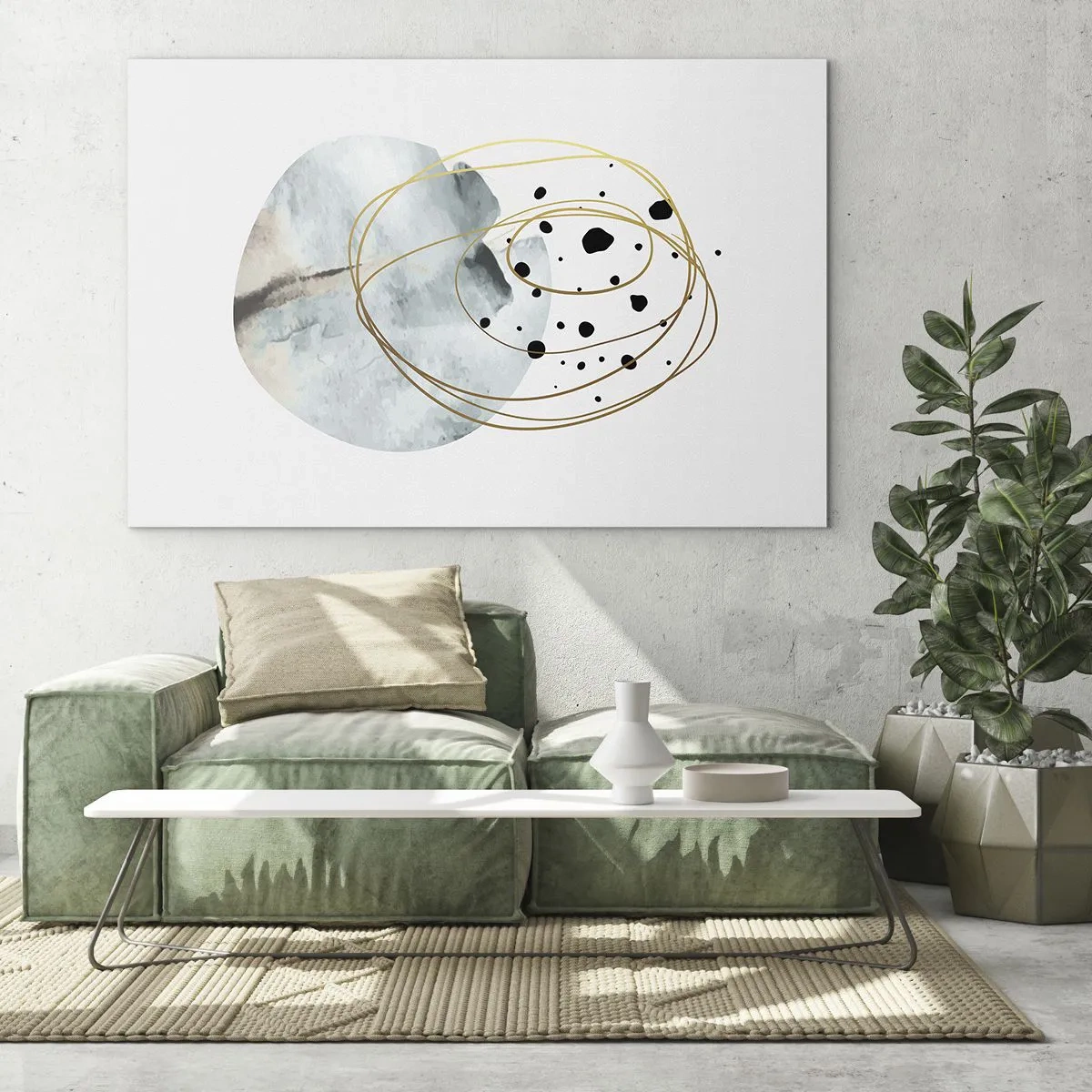 Üveg kép - Absztrakt kompozíció kék folttal és arany vonalakkal - 70x50cm - Az ölelő térben - Modern fali dekoráció nappalihoz és hálószobához ARTTOR